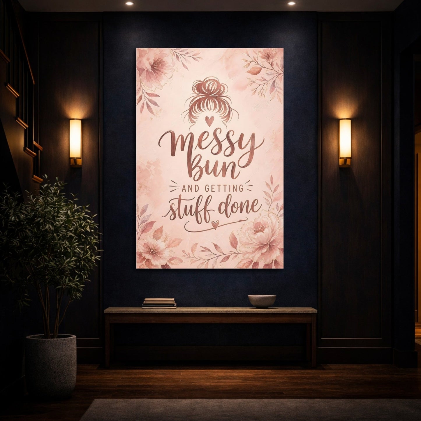 Floral Messy Bun Blush Pink Canvas Print – Bedroom, Wall, - YesArtYes