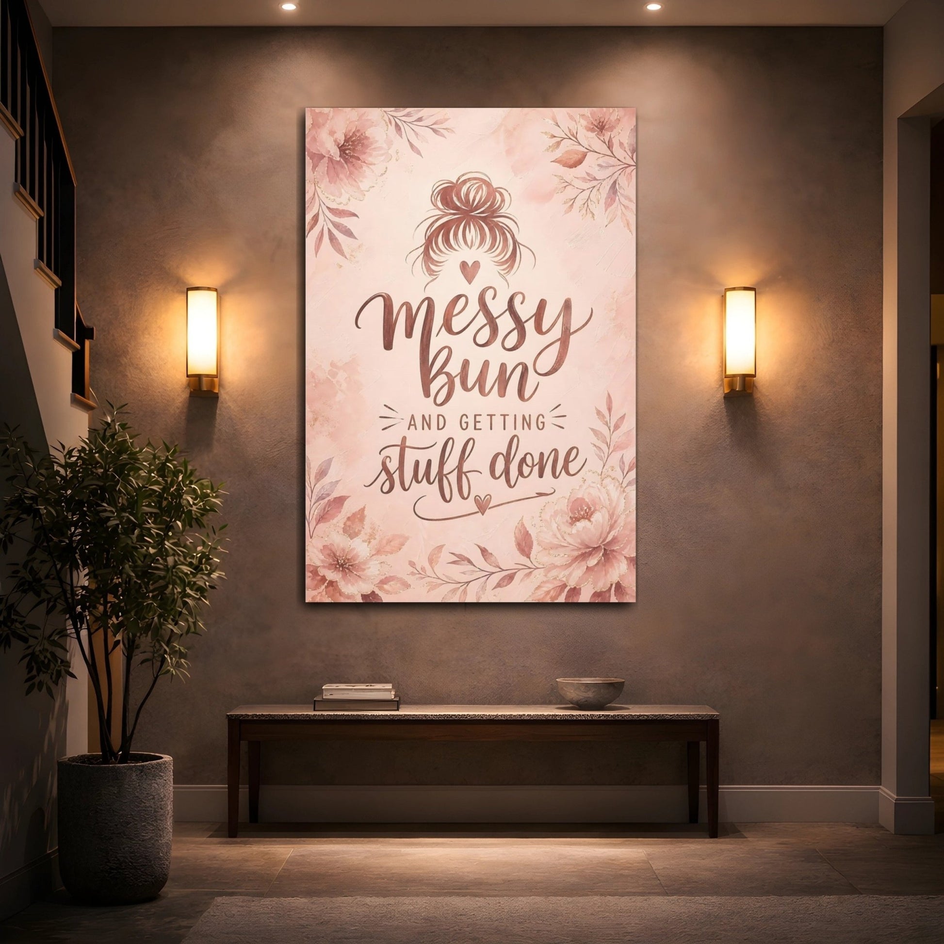 Floral Messy Bun Blush Pink Canvas Print – Bedroom, Wall, - YesArtYes