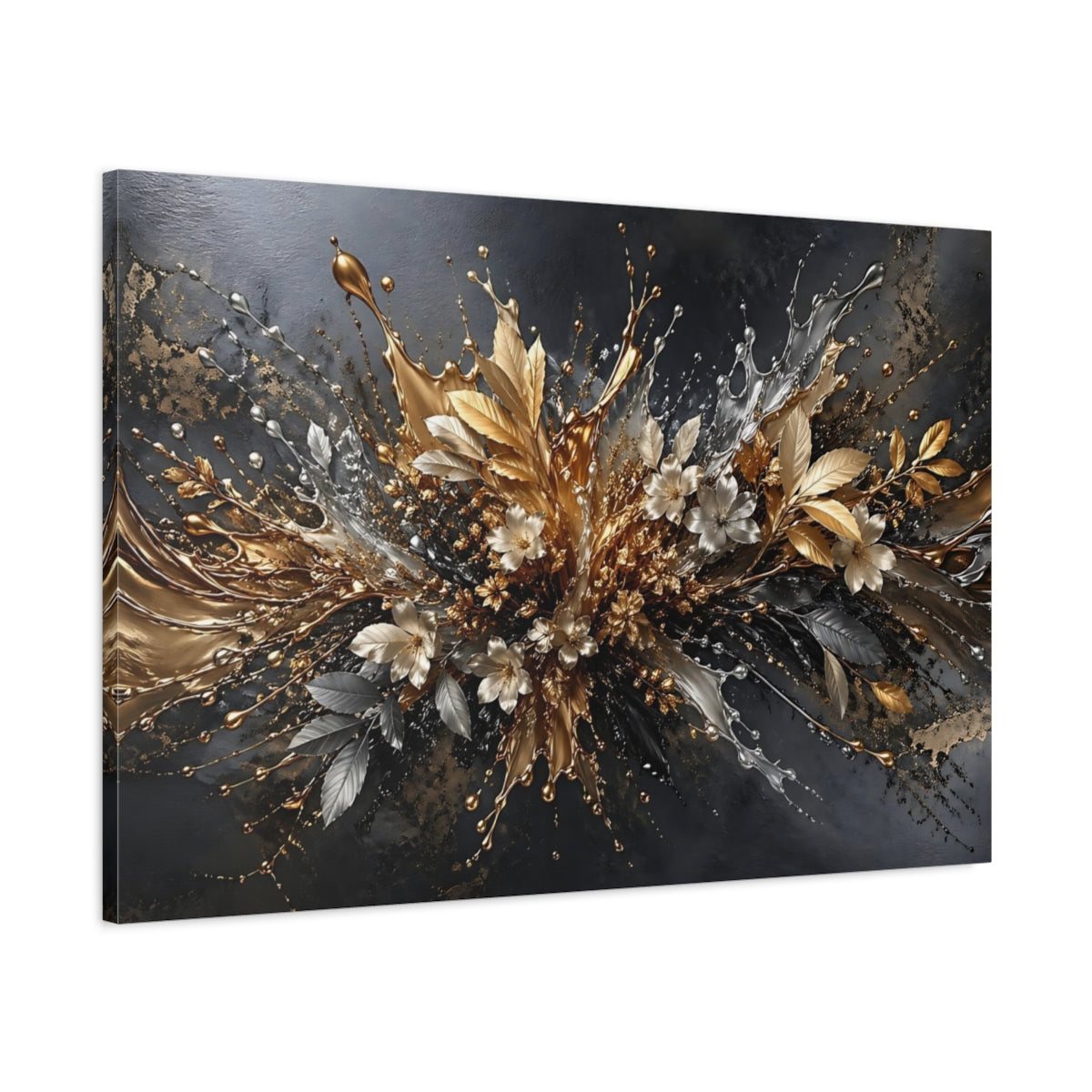 Main Mockup. Floral Metallic Flowers Gold Silver Abstract shown as stretched canvas wall art