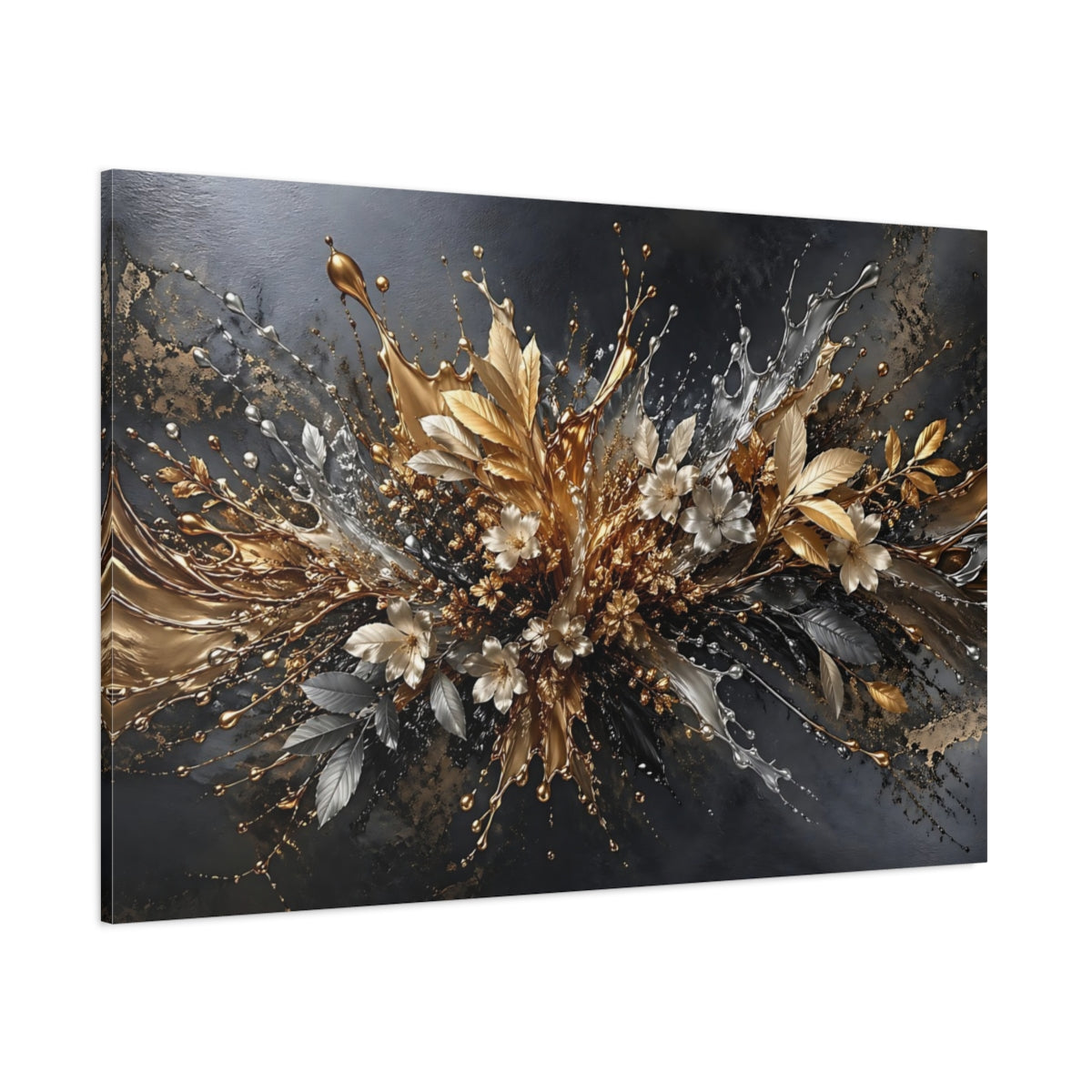 Side Mockup 1. Floral Metallic Flowers Gold Silver Abstract shown as stretched canvas wall art