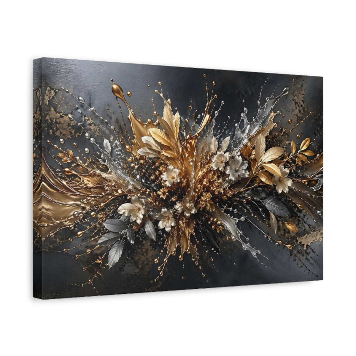 Side Mockup 4. Floral Metallic Flowers Gold Silver Abstract shown as stretched canvas wall art