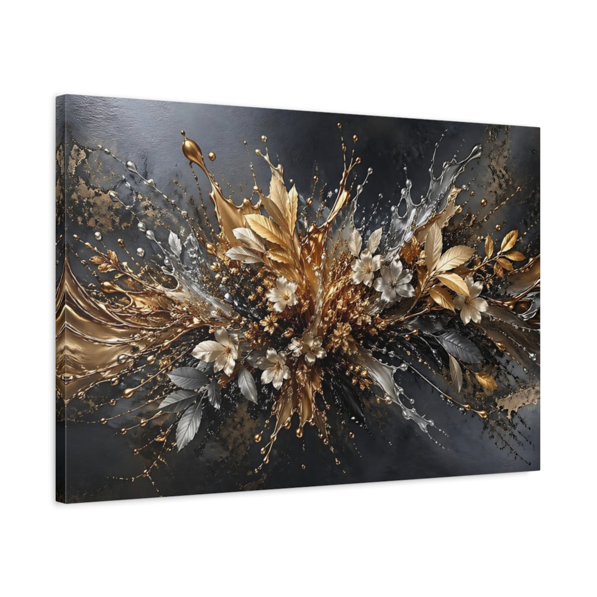 Side Mockup 2. Floral Metallic Flowers Gold Silver Abstract shown as stretched canvas wall art