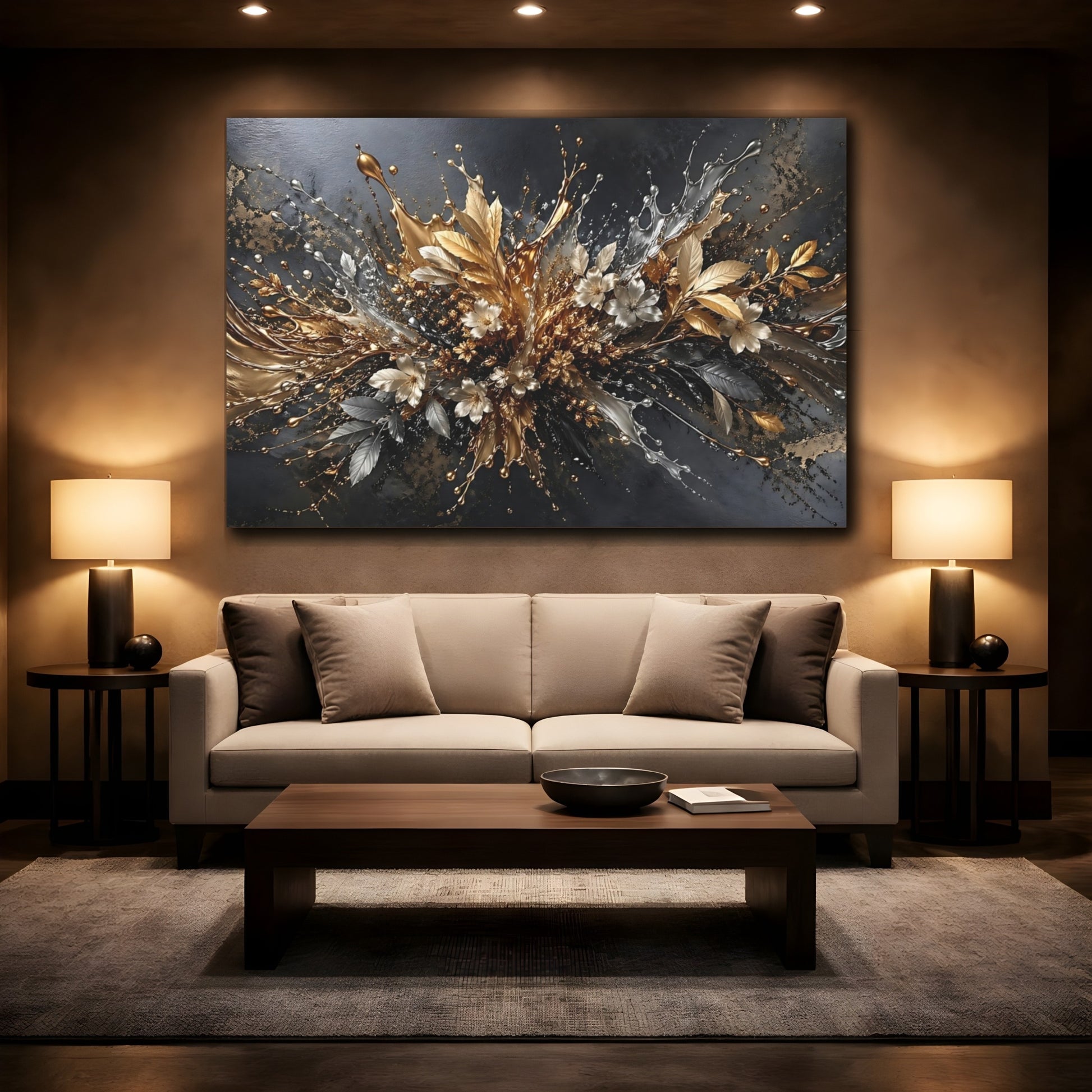 Mockup 2. Floral Metallic Flowers Gold Silver Abstract shown as stretched canvas wall art