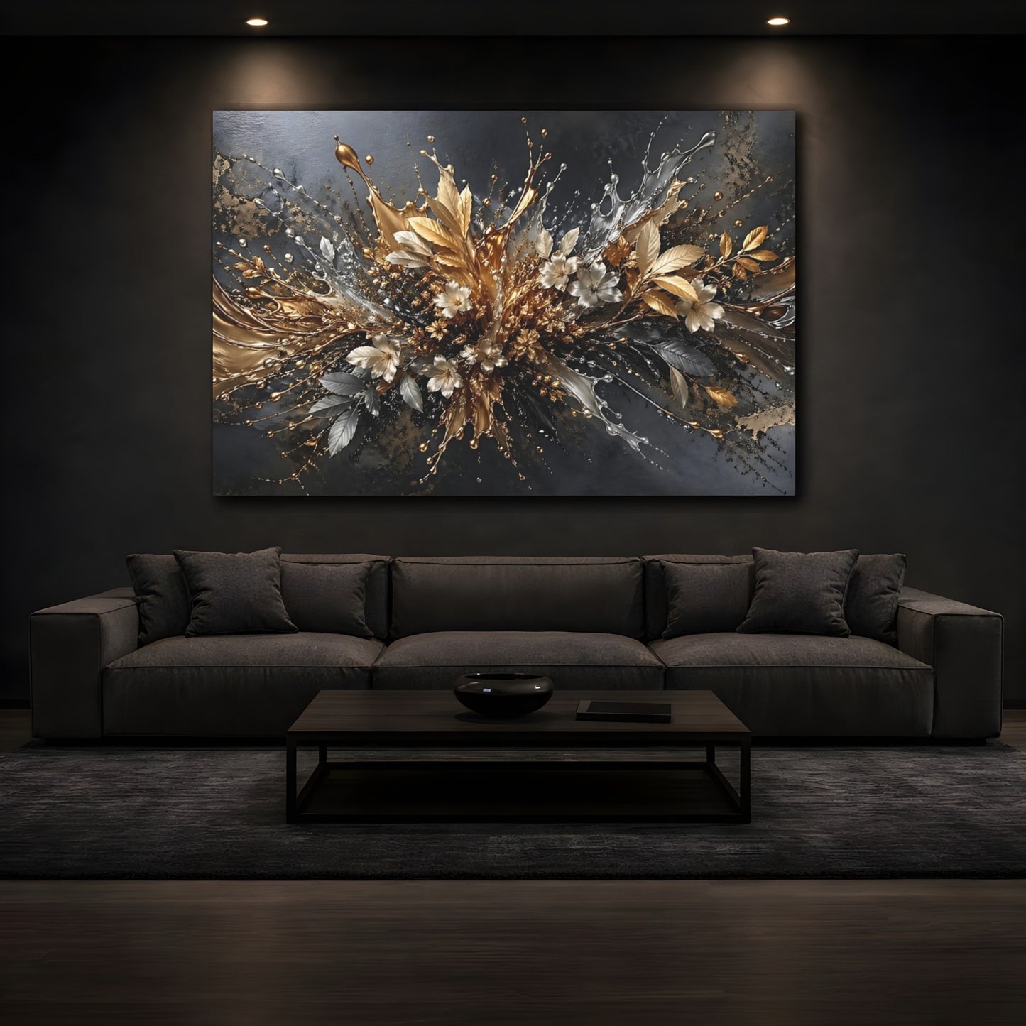 Mockup 3. Floral Metallic Flowers Gold Silver Abstract shown as stretched canvas wall art