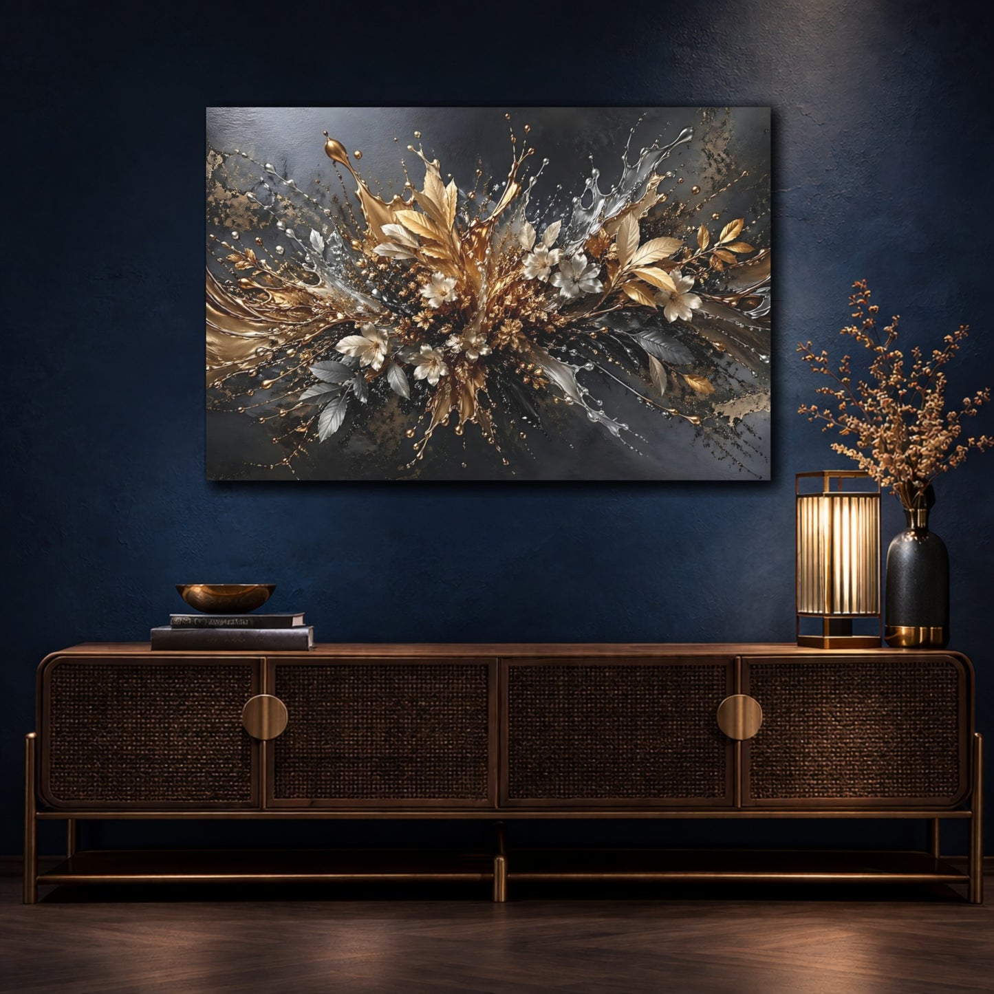 Mockup 4. Floral Metallic Flowers Gold Silver Abstract shown as stretched canvas wall art