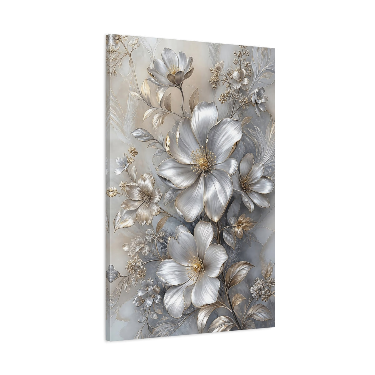Main Mockup. Floral Metallic Flowers Silver And Gold shown as stretched canvas wall art