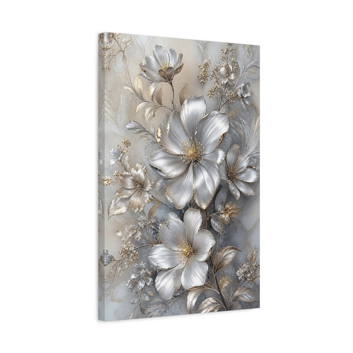 Side Mockup 3. Floral Metallic Flowers Silver And Gold shown as stretched canvas wall art