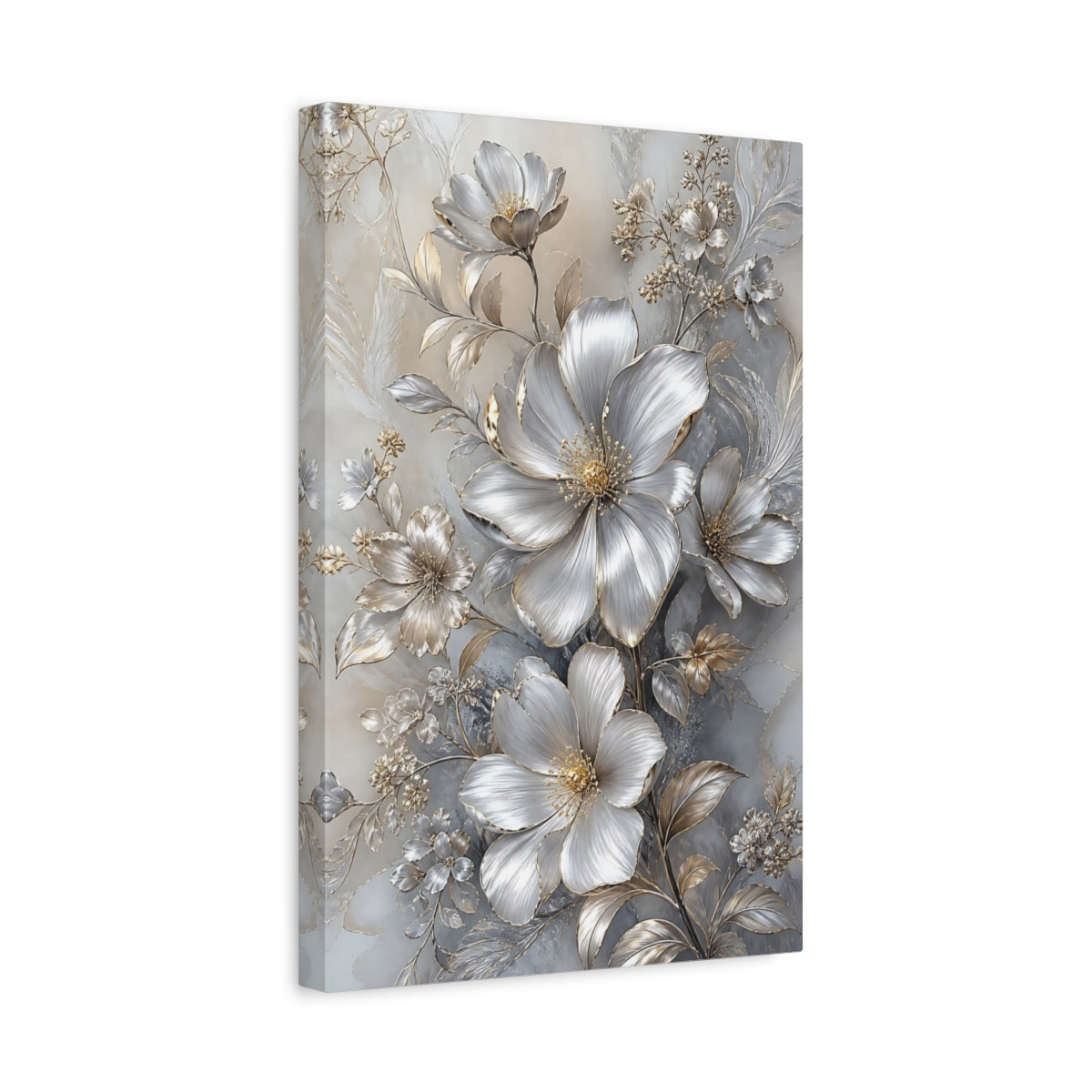 Side Mockup 4. Floral Metallic Flowers Silver And Gold shown as stretched canvas wall art