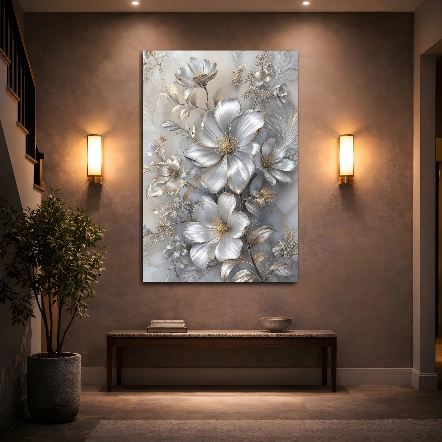 Mockup 2. Floral Metallic Flowers Silver And Gold shown as stretched canvas wall art