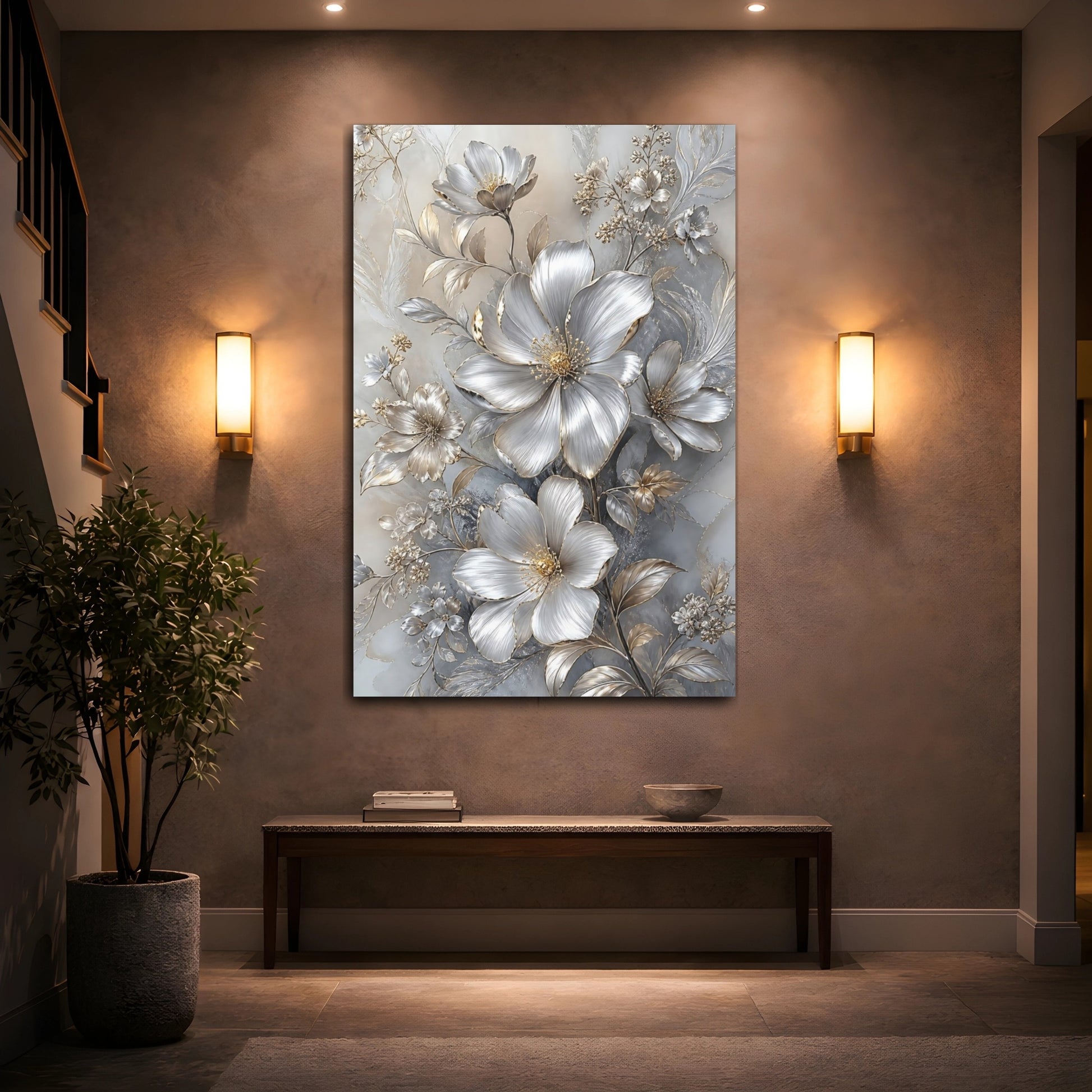 Mockup 2. Floral Metallic Flowers Silver And Gold shown as stretched canvas wall art