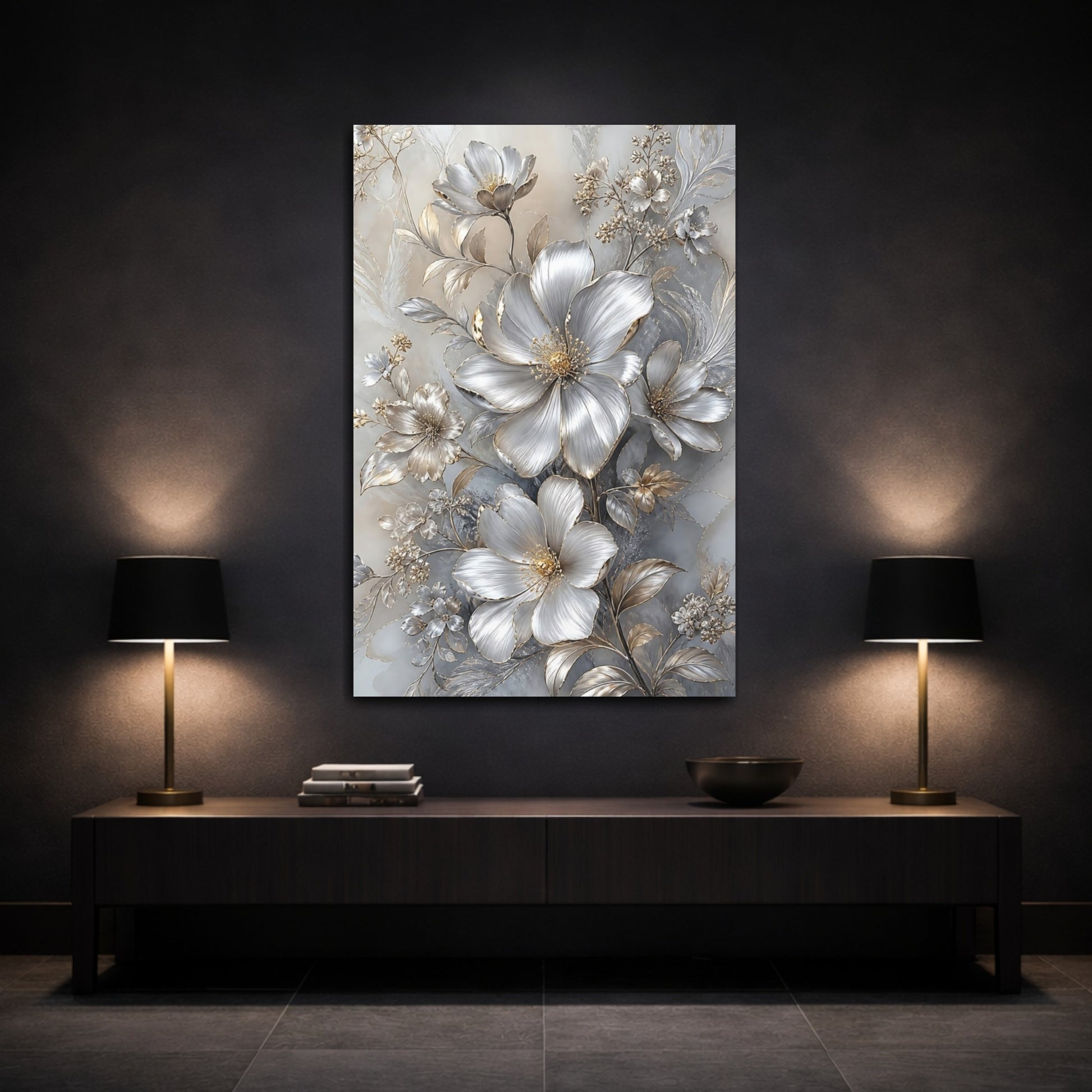 Mockup 3. Floral Metallic Flowers Silver And Gold shown as stretched canvas wall art