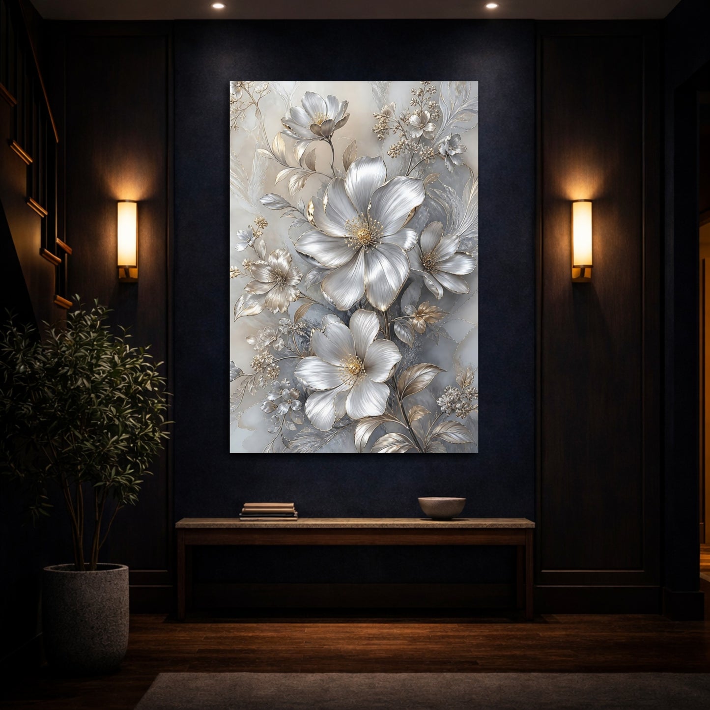 Mockup 4. Floral Metallic Flowers Silver And Gold shown as stretched canvas wall art