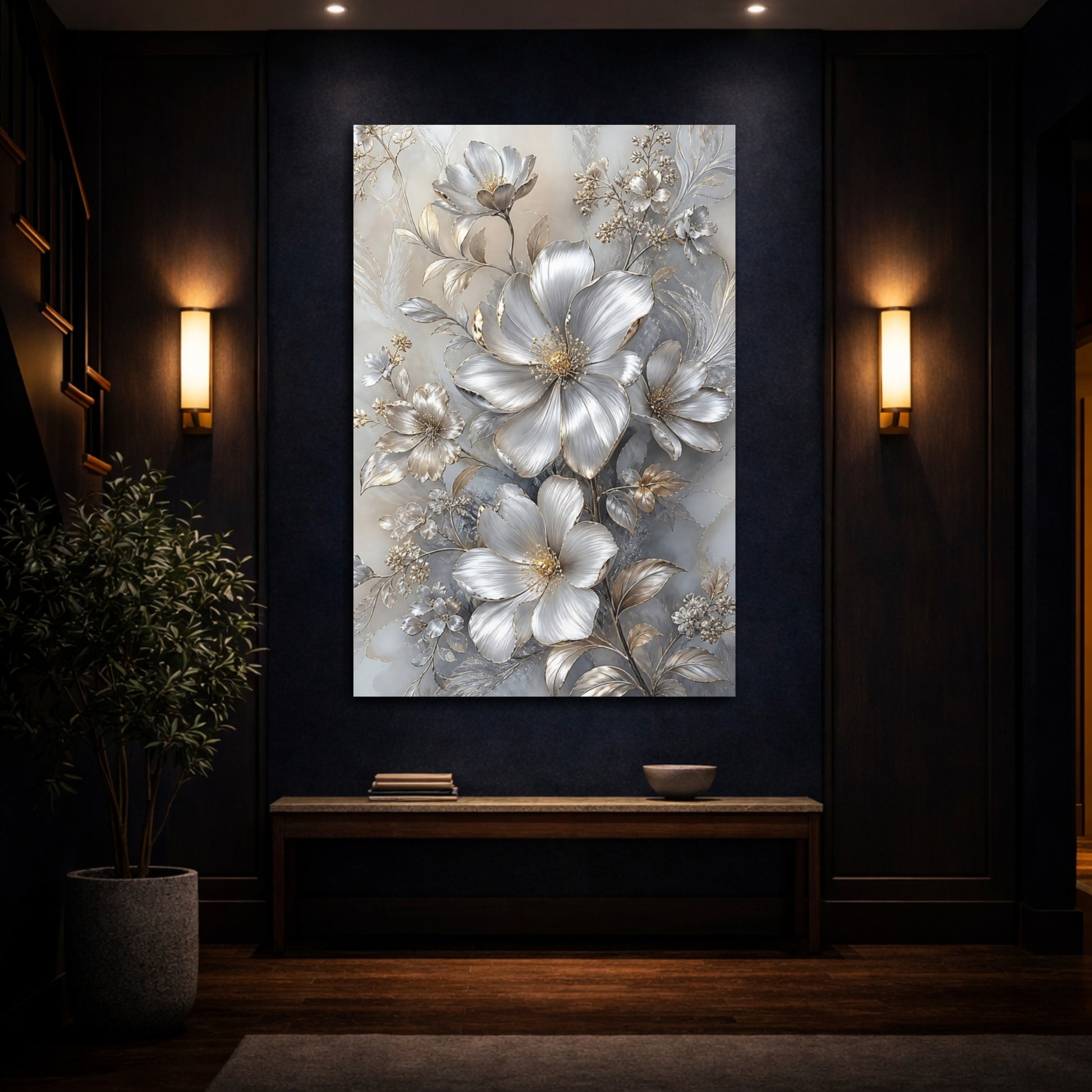 Mockup 4. Floral Metallic Flowers Silver And Gold shown as stretched canvas wall art