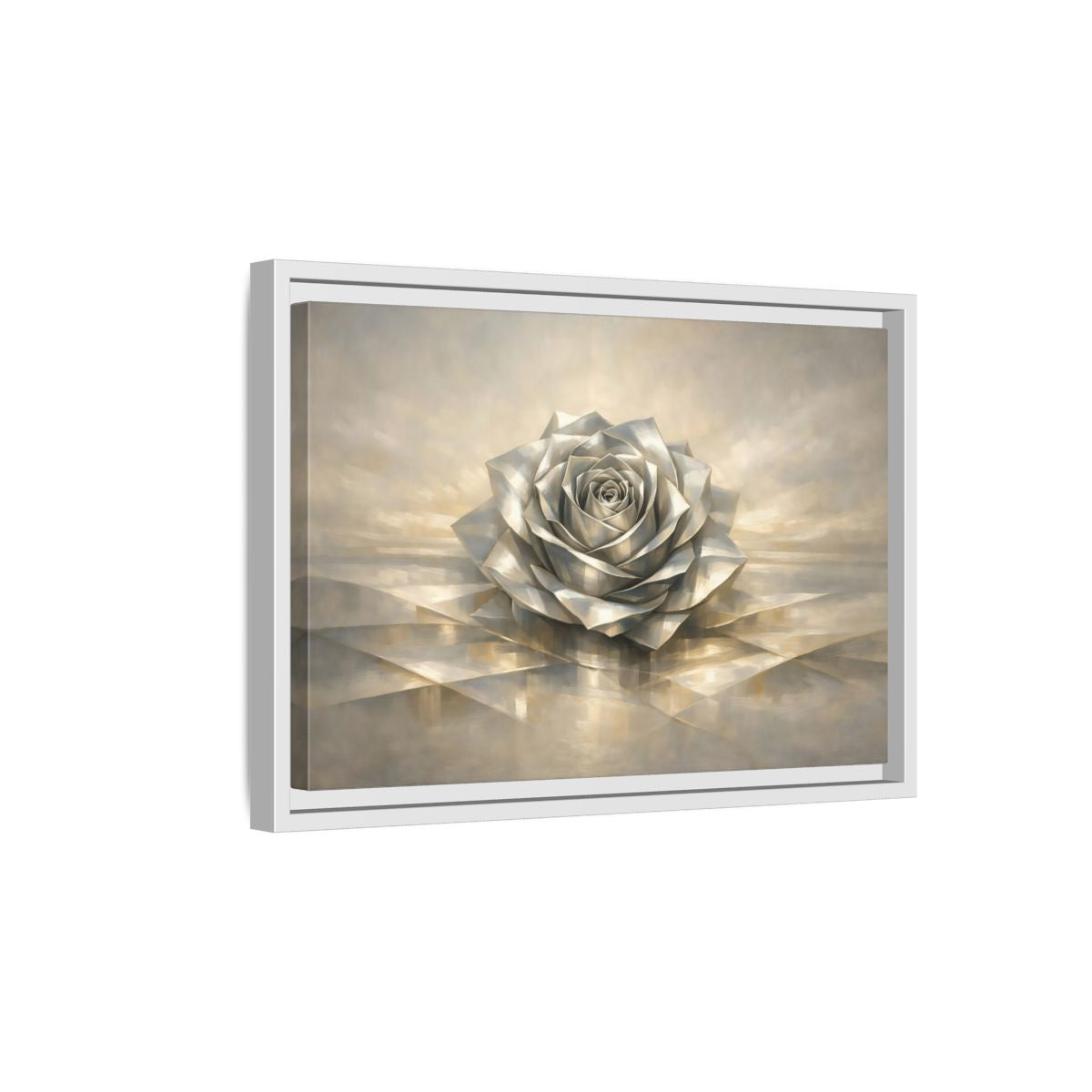 Side Mockup 4. Floral Metallic Rose Silver Rose Art shown as stretched canvas wall art