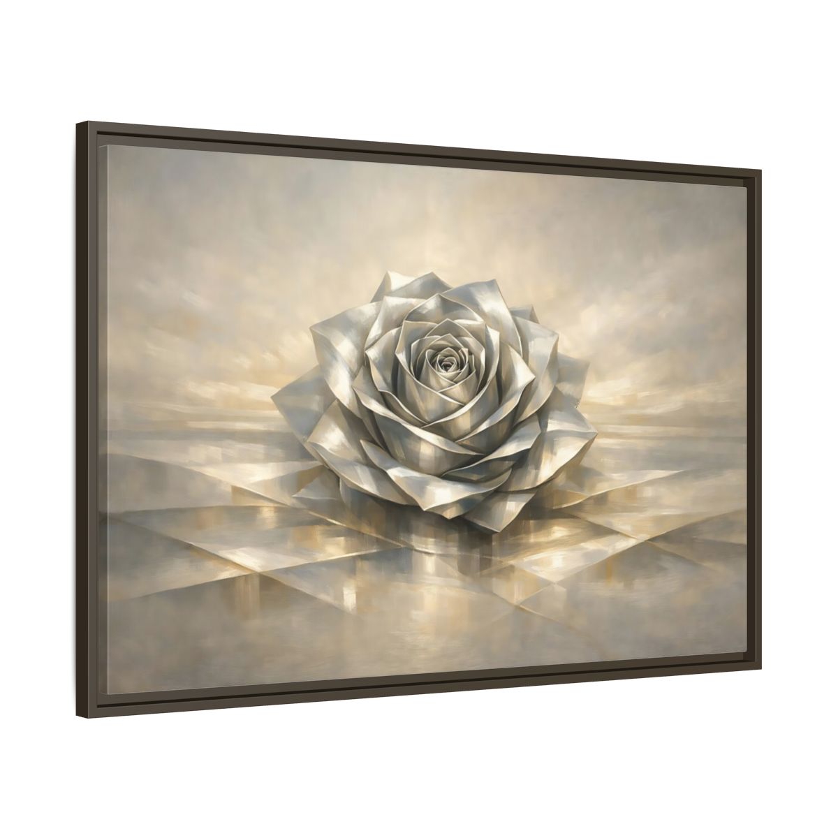 Side Mockup 9. Floral Metallic Rose Silver Rose Art shown as stretched canvas wall art