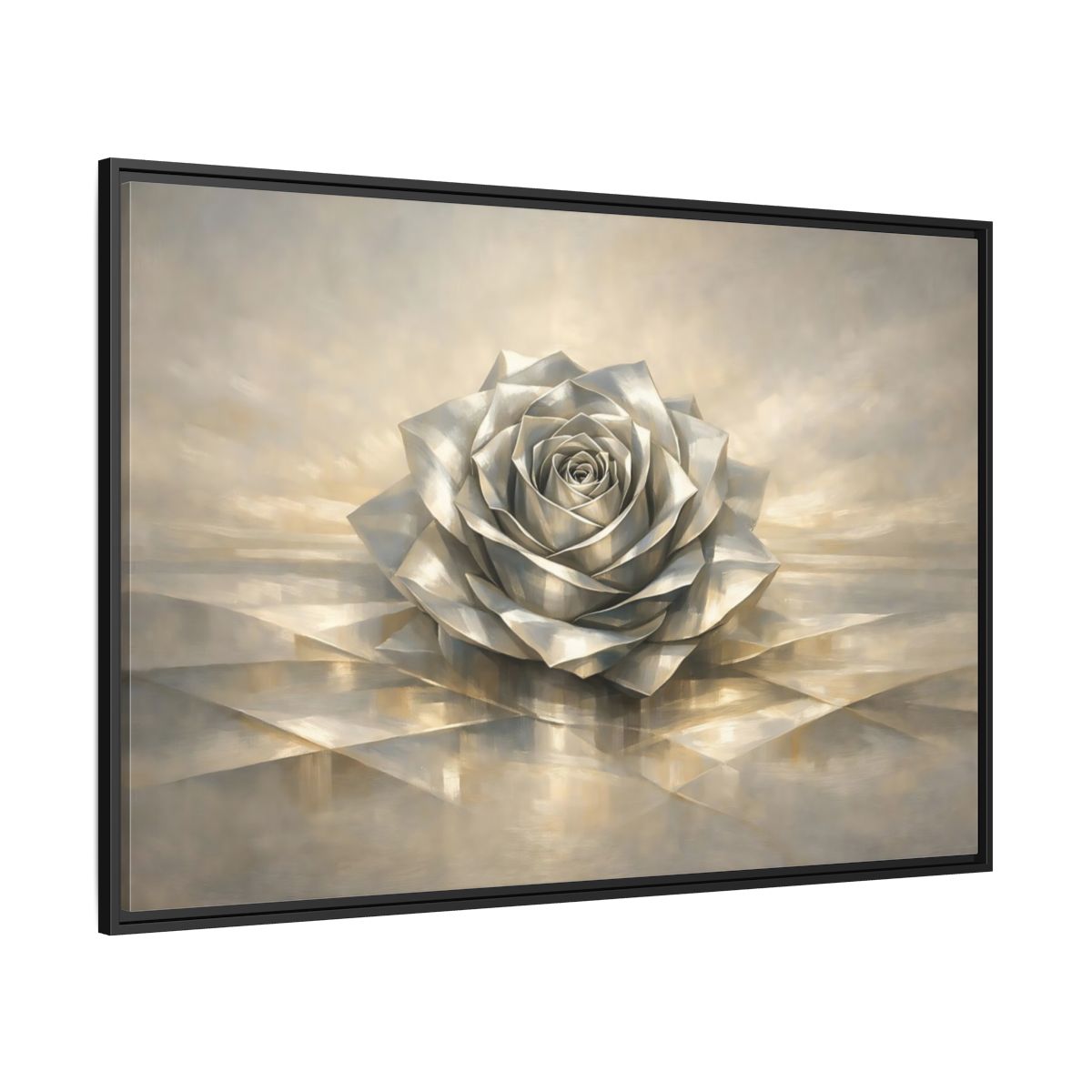 Side Mockup 12. Floral Metallic Rose Silver Rose Art shown as stretched canvas wall art