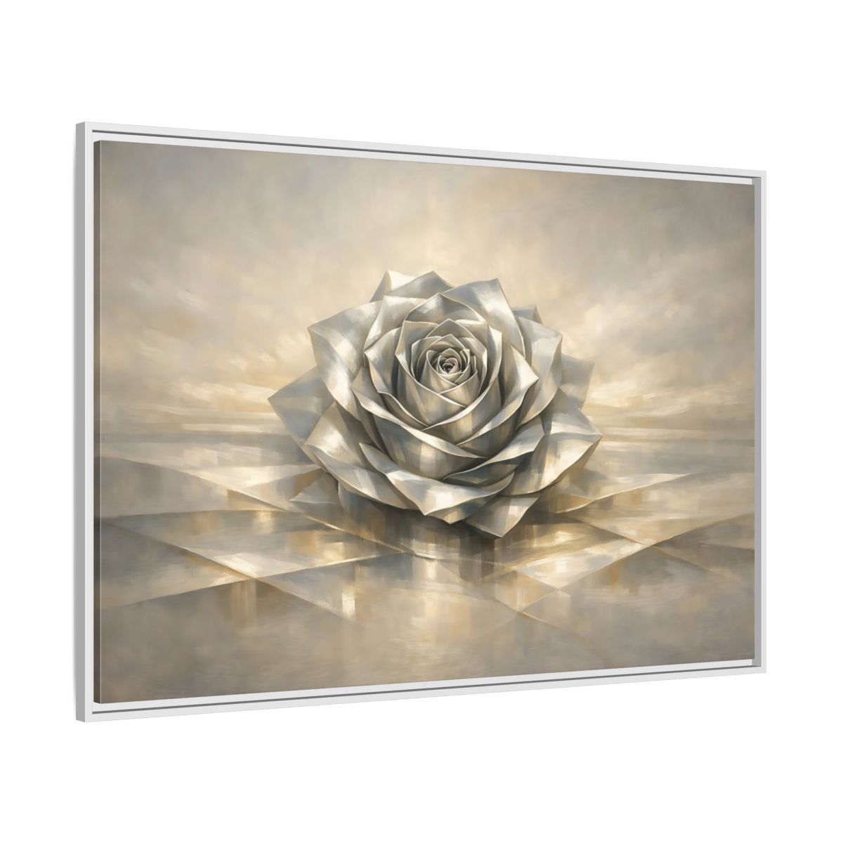 Side Mockup 7. Floral Metallic Rose Silver Rose Art shown as stretched canvas wall art
