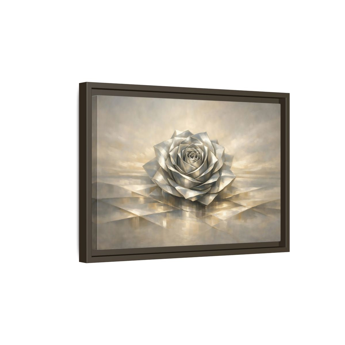 Side Mockup 5. Floral Metallic Rose Silver Rose Art shown as stretched canvas wall art
