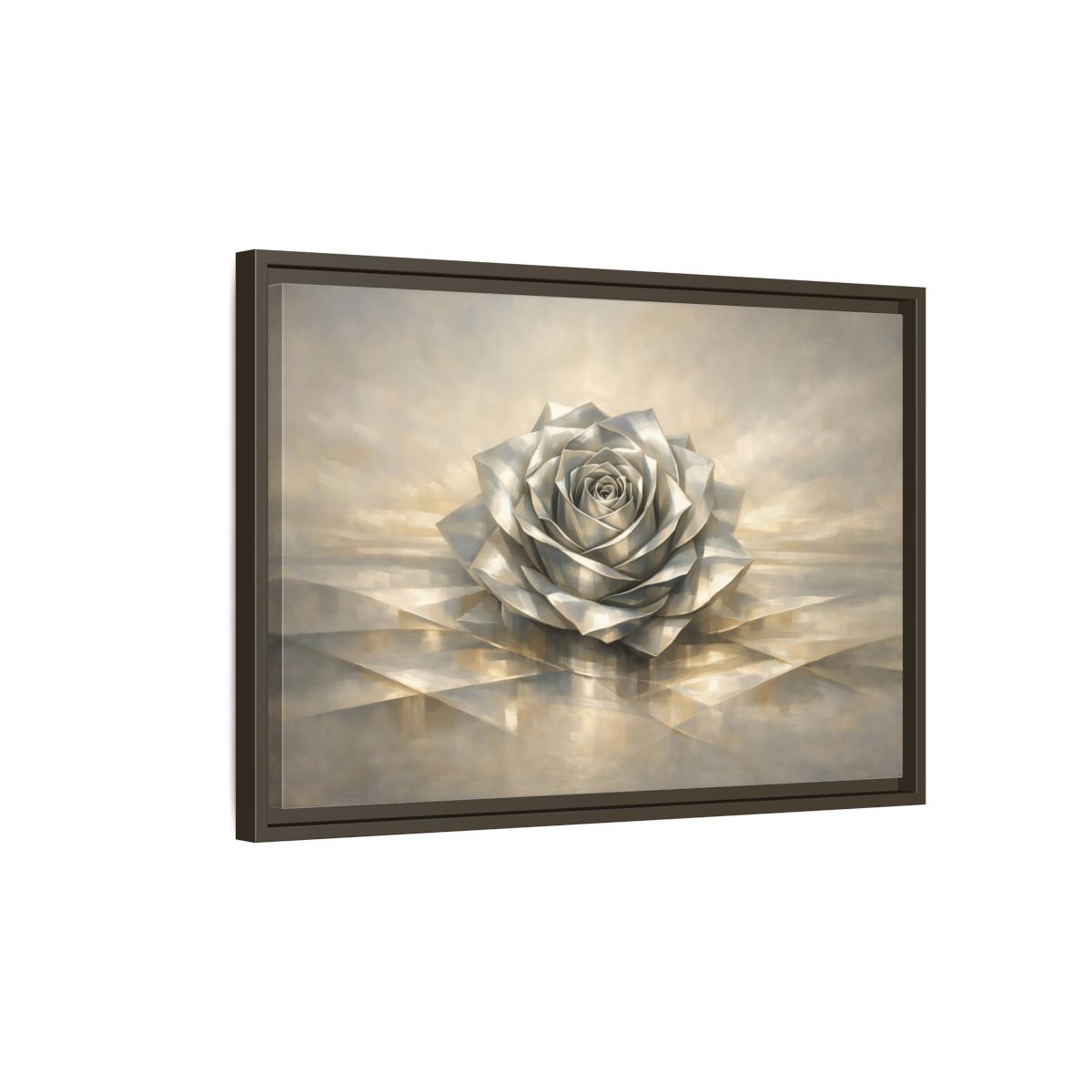 Side Mockup 2. Floral Metallic Rose Silver Rose Art shown as stretched canvas wall art
