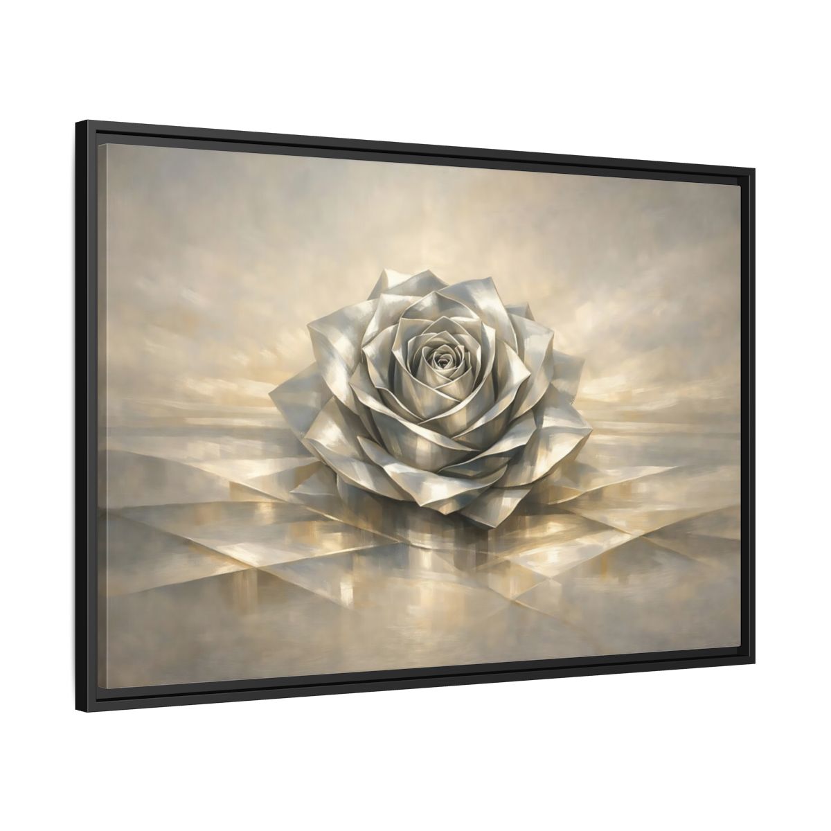 Side Mockup 13. Floral Metallic Rose Silver Rose Art shown as stretched canvas wall art