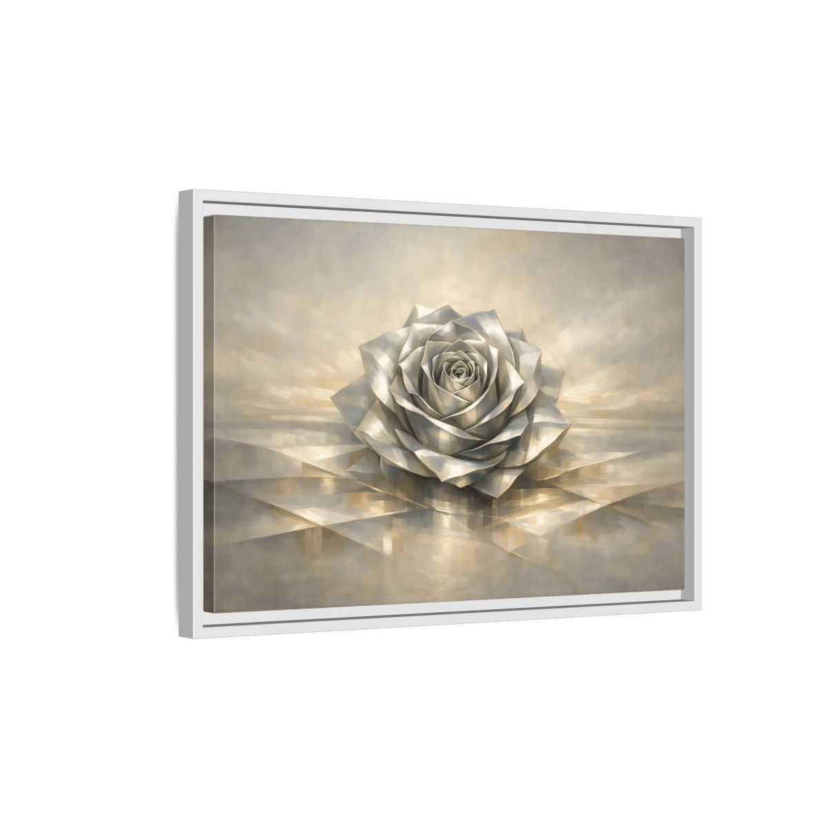 Side Mockup 1. Floral Metallic Rose Silver Rose Art shown as stretched canvas wall art