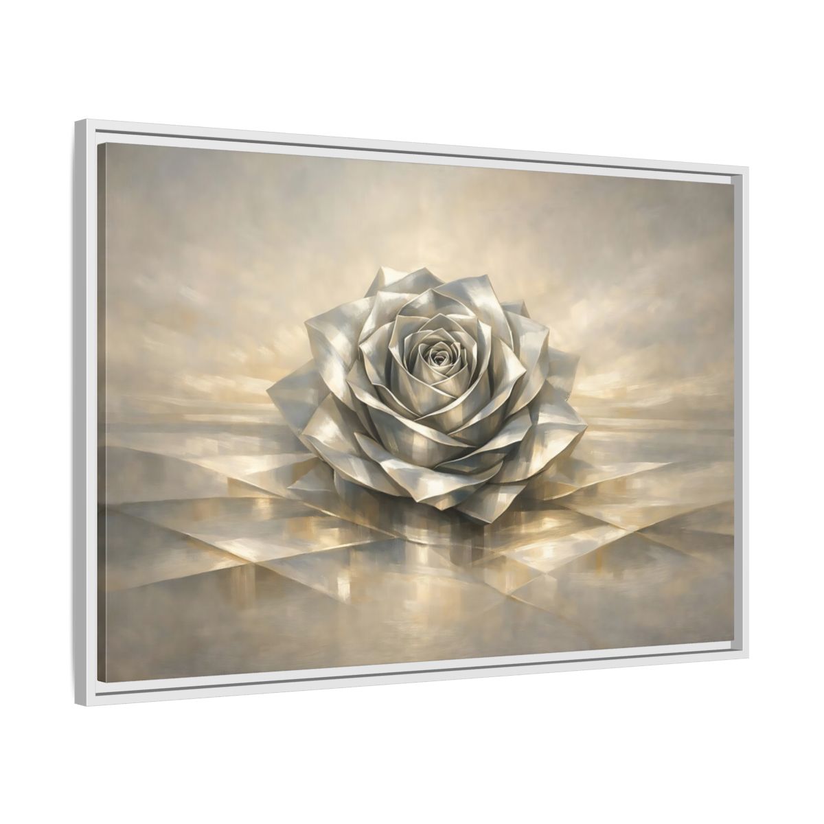 Side Mockup 8. Floral Metallic Rose Silver Rose Art shown as stretched canvas wall art