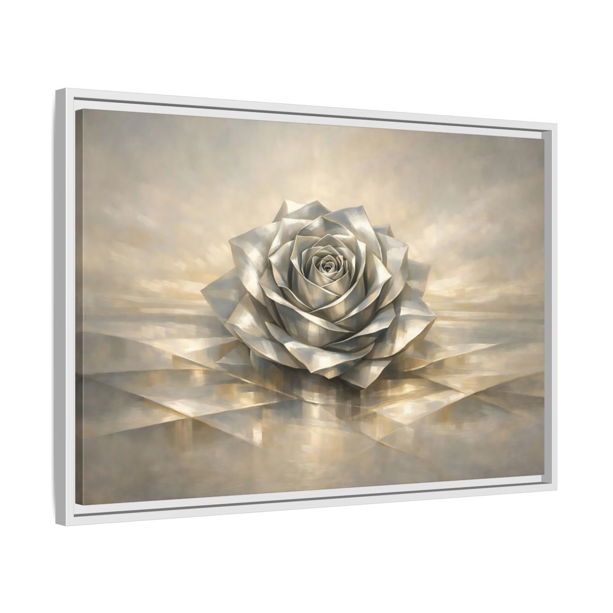 Side Mockup 10. Floral Metallic Rose Silver Rose Art shown as stretched canvas wall art