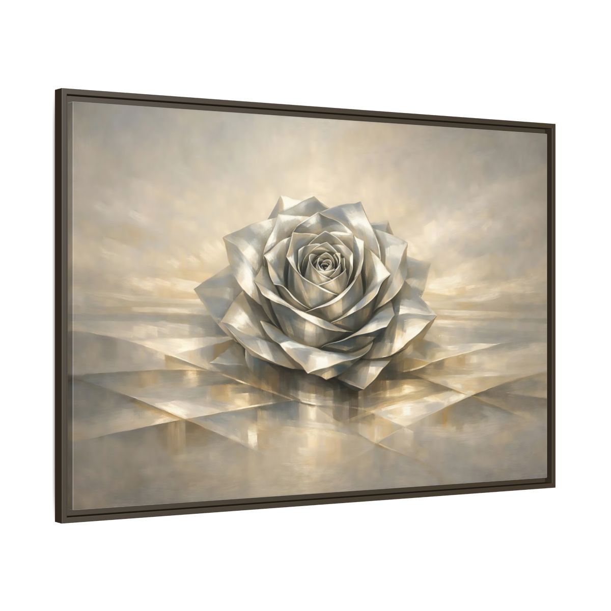 Main Mockup. Floral Metallic Rose Silver Rose Art shown as stretched canvas wall art