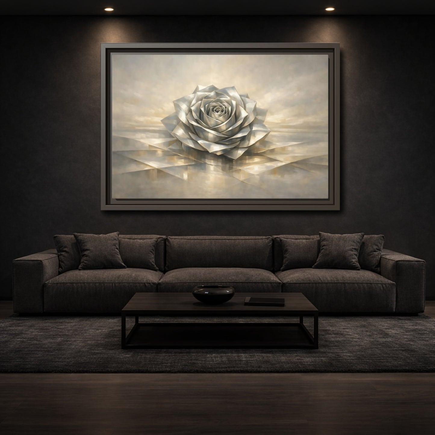 Mockup 2. Floral Metallic Rose Silver Rose Art shown as stretched canvas wall art
