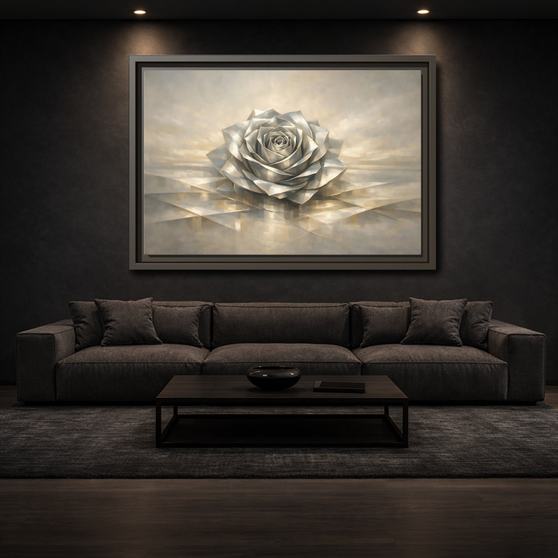 Mockup 2. Floral Metallic Rose Silver Rose Art shown as stretched canvas wall art