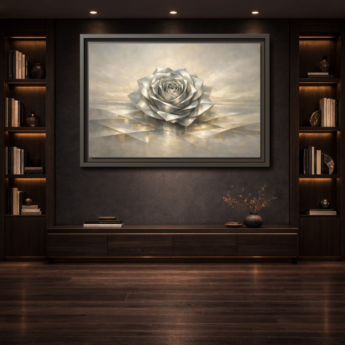 Mockup 3. Floral Metallic Rose Silver Rose Art shown as stretched canvas wall art