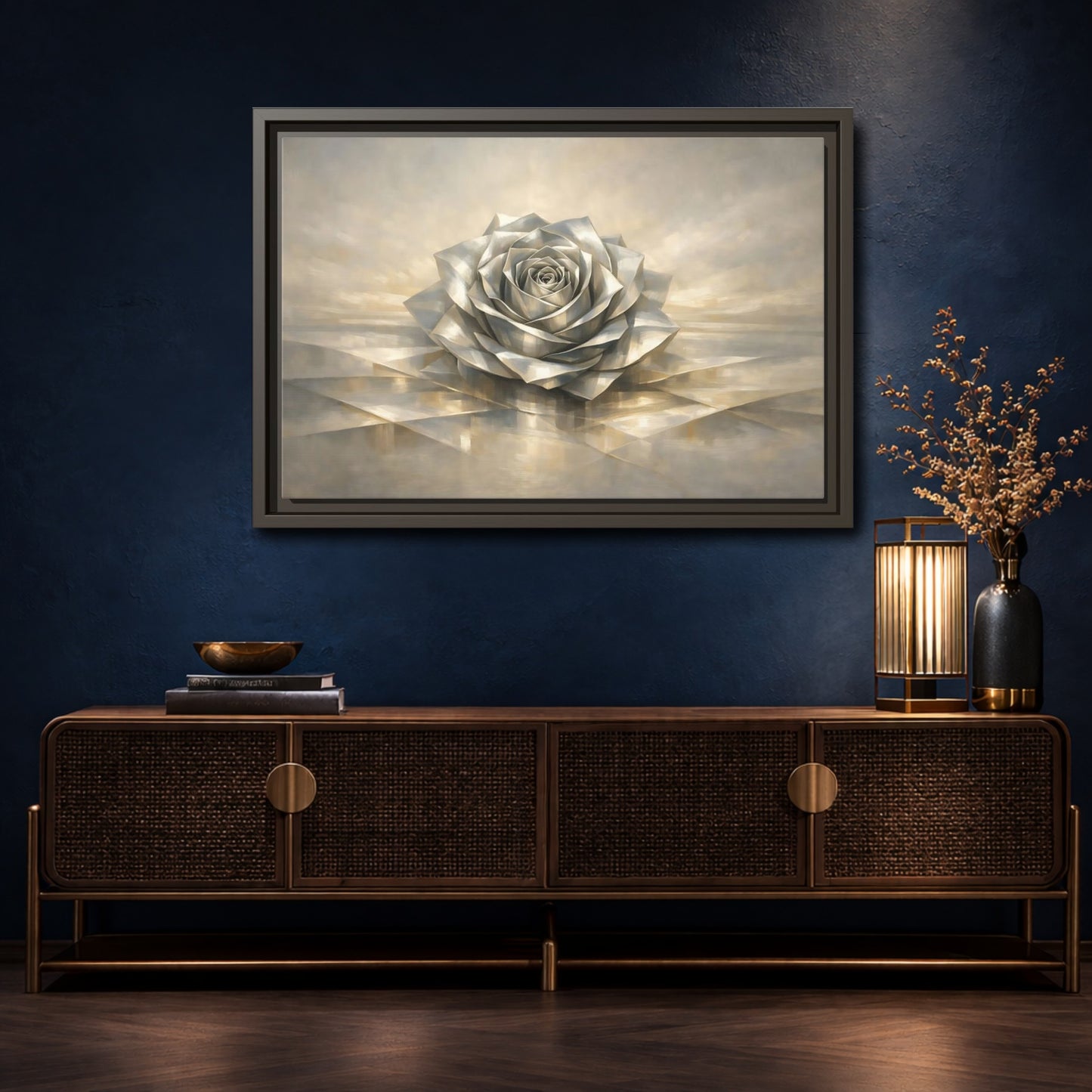Mockup 4. Floral Metallic Rose Silver Rose Art shown as stretched canvas wall art