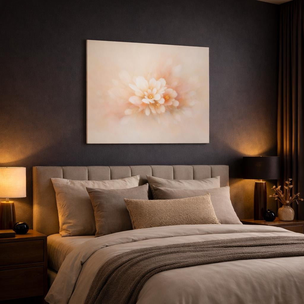 Floral Minimal Abstract shown as canvas wall art in a luxury bedroom