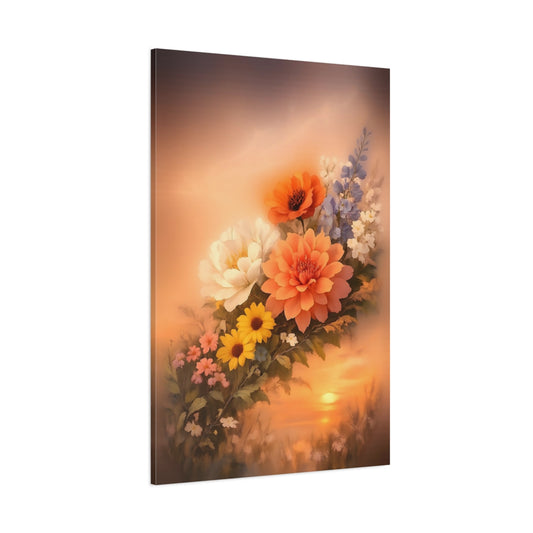 Floral Mixed Flowers Orange Floral Sunset shown as stretched canvas wall art