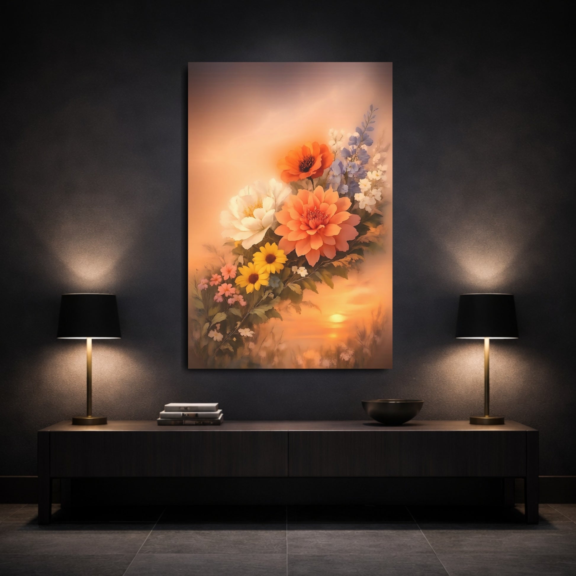 Floral Mixed Flowers Orange Floral Sunset shown as front canvas room wall art