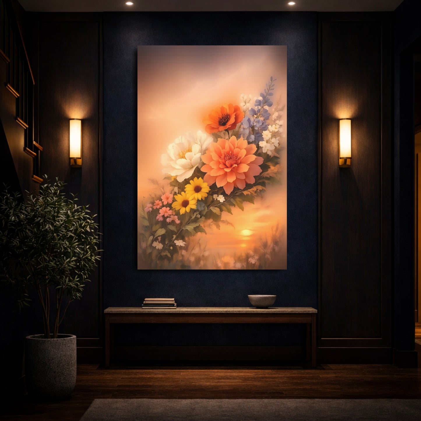 Floral Mixed Flowers Orange Floral Sunset shown as front canvas room wall art