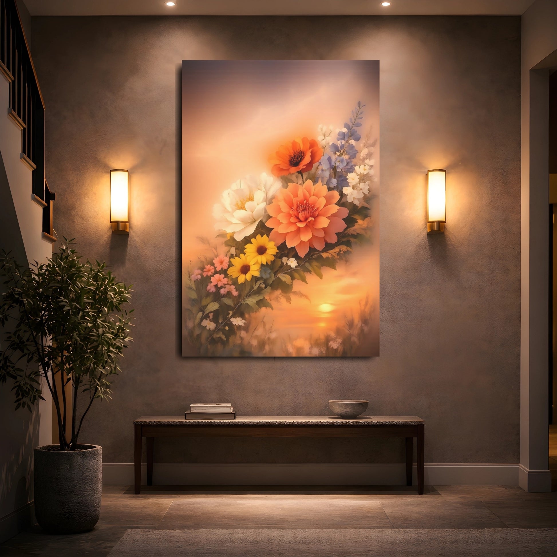 Floral Mixed Flowers Orange Floral Sunset shown as front canvas room wall art
