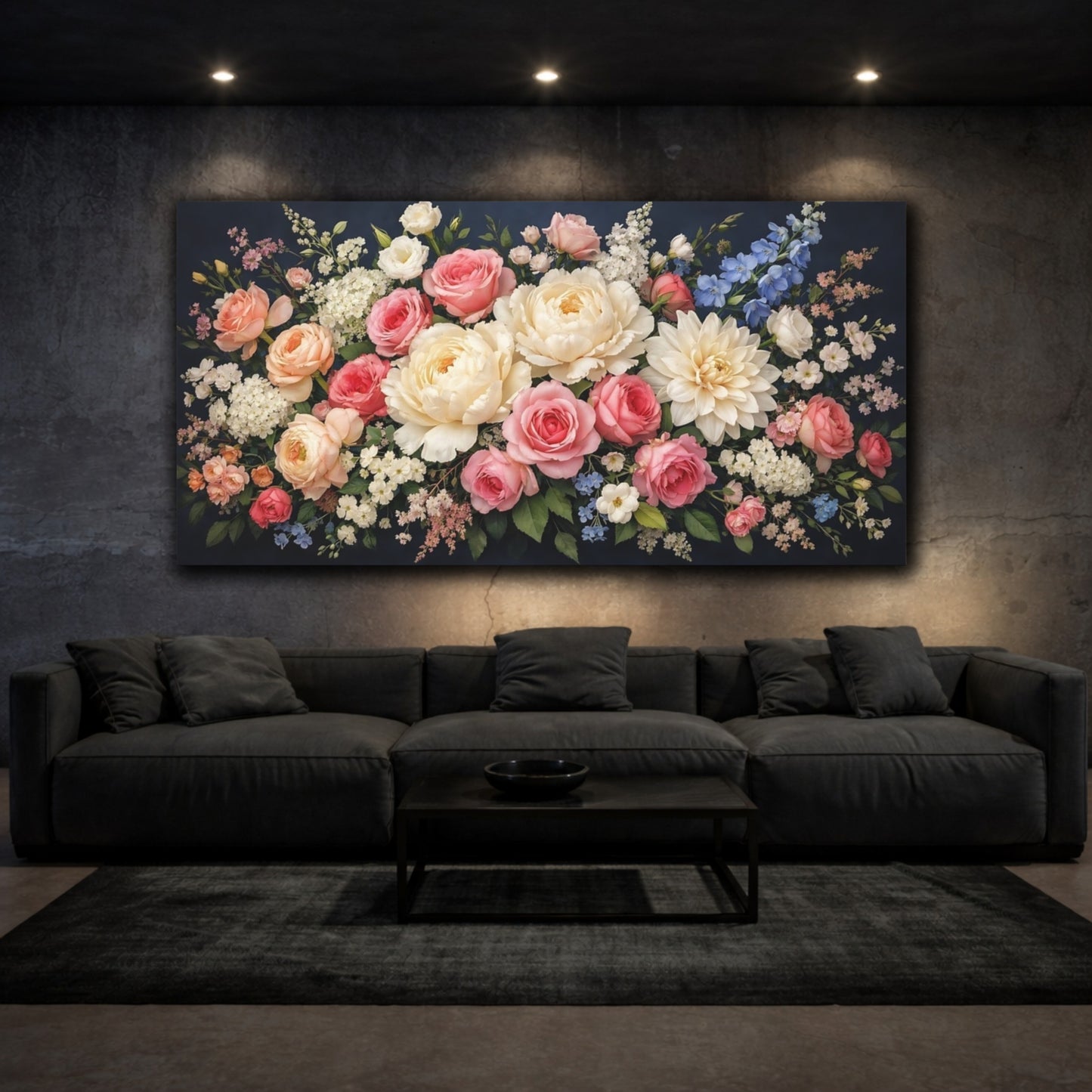 Mockup 2. Floral Mixed Flowers Pink White Floral shown as stretched canvas wall art