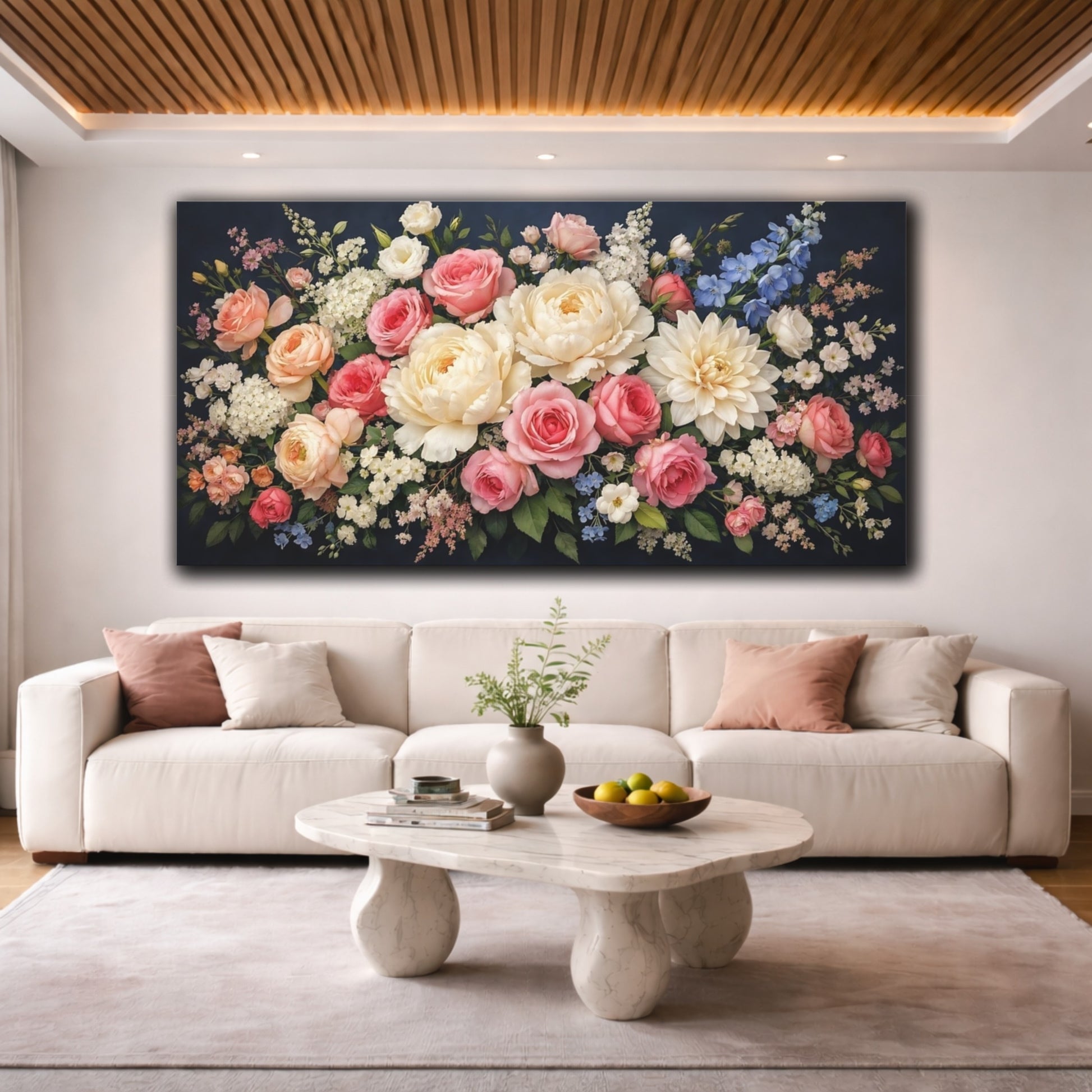 Mockup 3. Floral Mixed Flowers Pink White Floral shown as stretched canvas wall art
