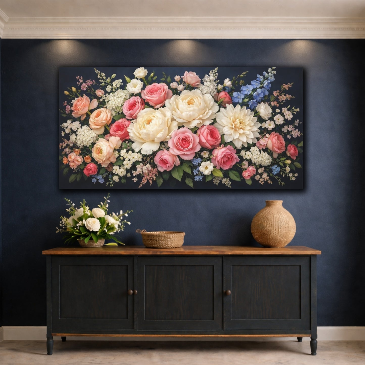 Mockup 4. Floral Mixed Flowers Pink White Floral shown as stretched canvas wall art