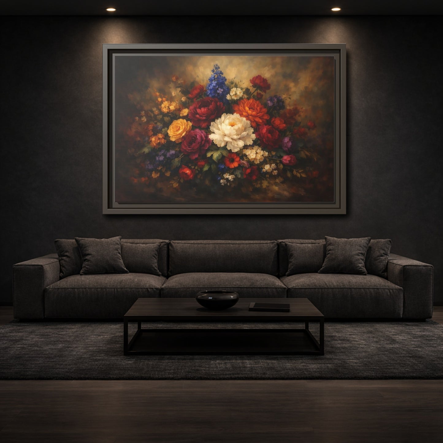 Mockup 2. Floral Mixed Flowers Vibrant Floral shown as stretched canvas wall art