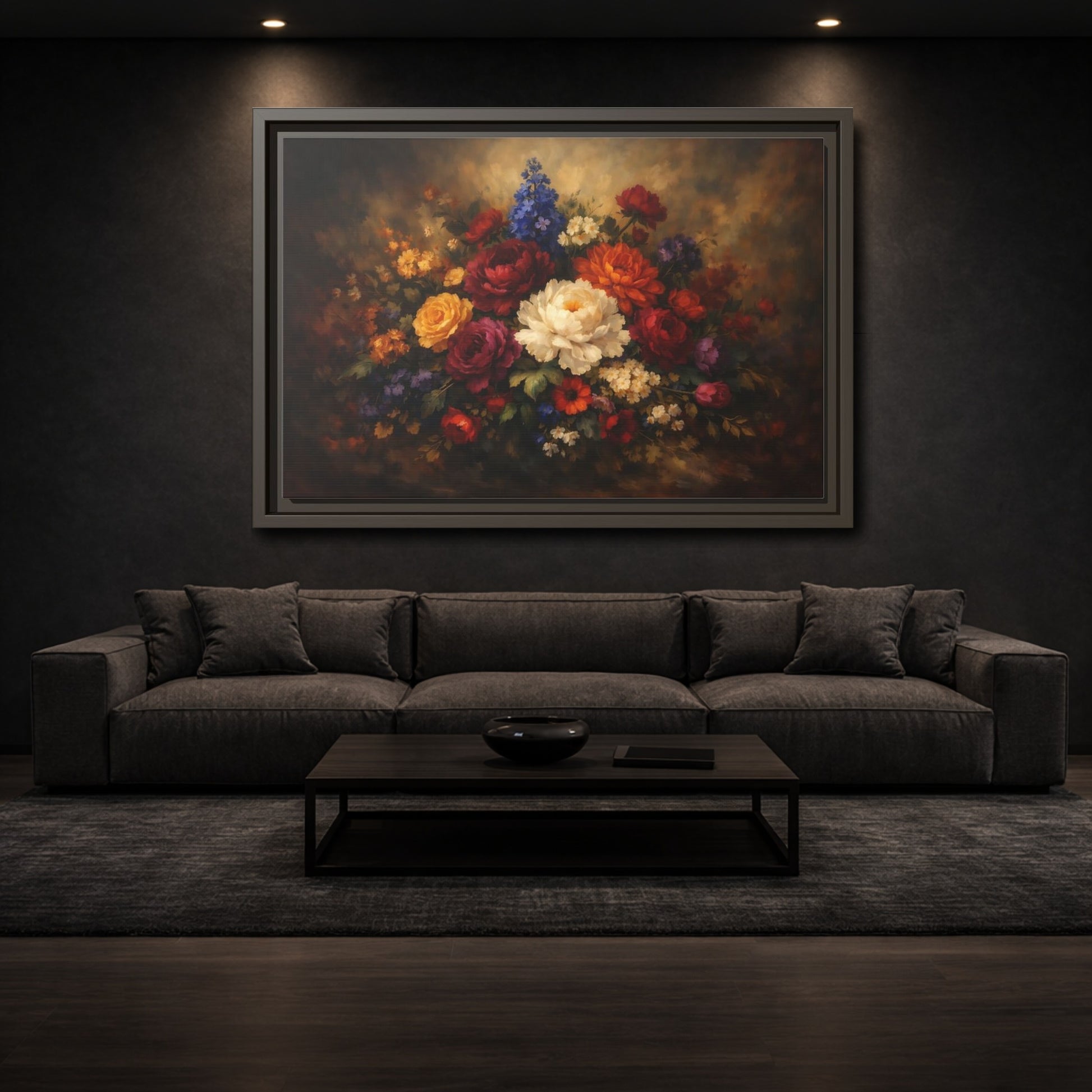 Mockup 2. Floral Mixed Flowers Vibrant Floral shown as stretched canvas wall art