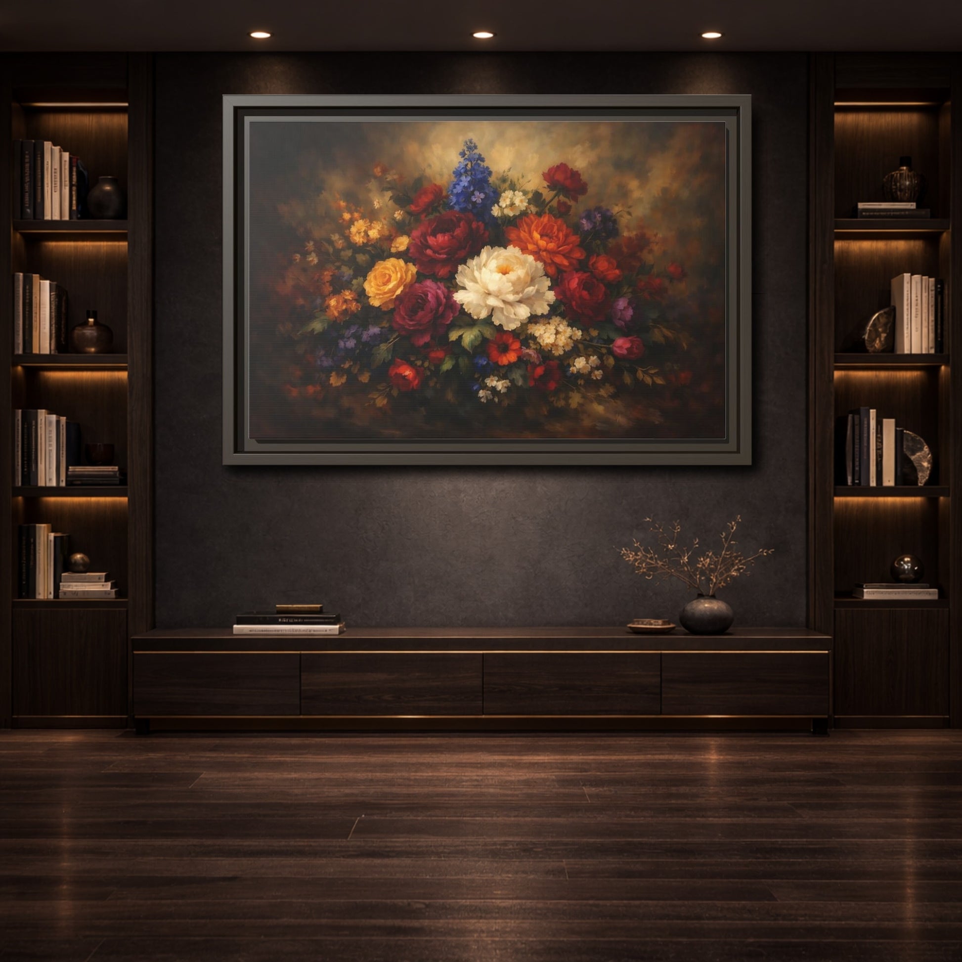 Mockup 3. Floral Mixed Flowers Vibrant Floral shown as stretched canvas wall art