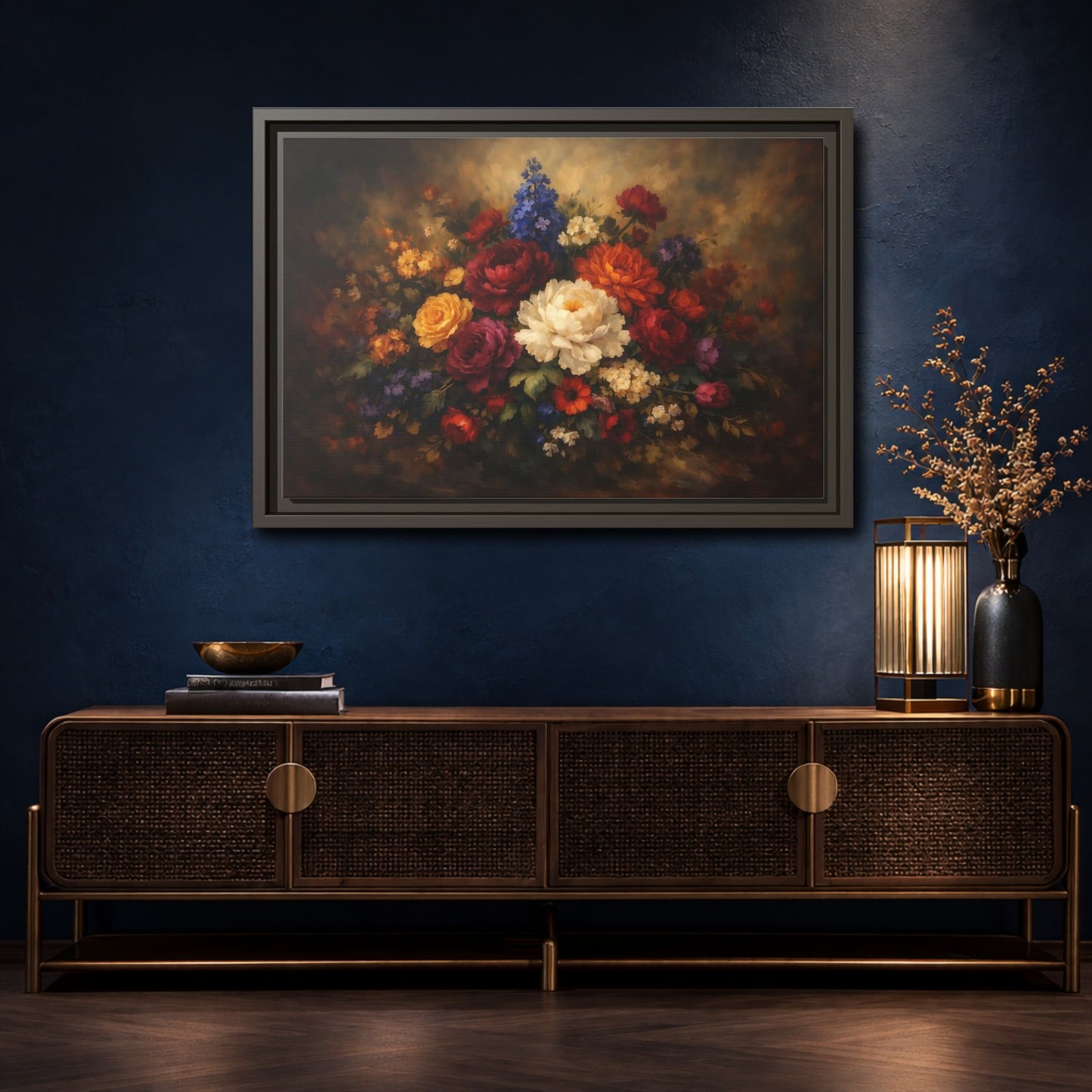 Mockup 4. Floral Mixed Flowers Vibrant Floral shown as stretched canvas wall art