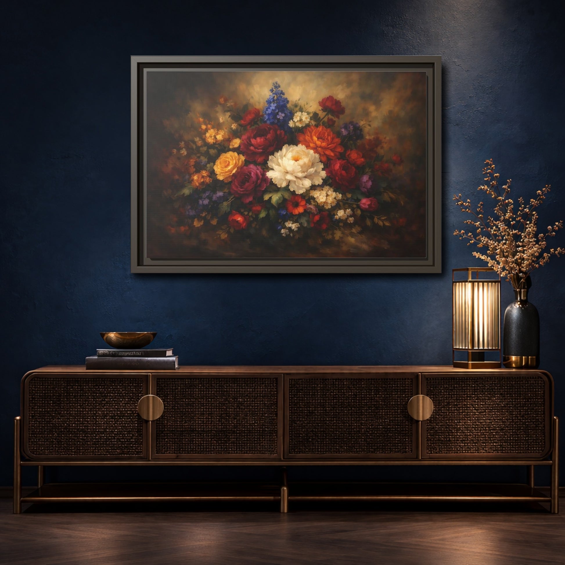 Mockup 4. Floral Mixed Flowers Vibrant Floral shown as stretched canvas wall art