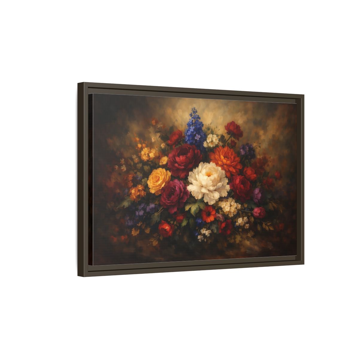 Side Mockup 2. Floral Mixed Flowers Vibrant Floral shown as stretched canvas wall art