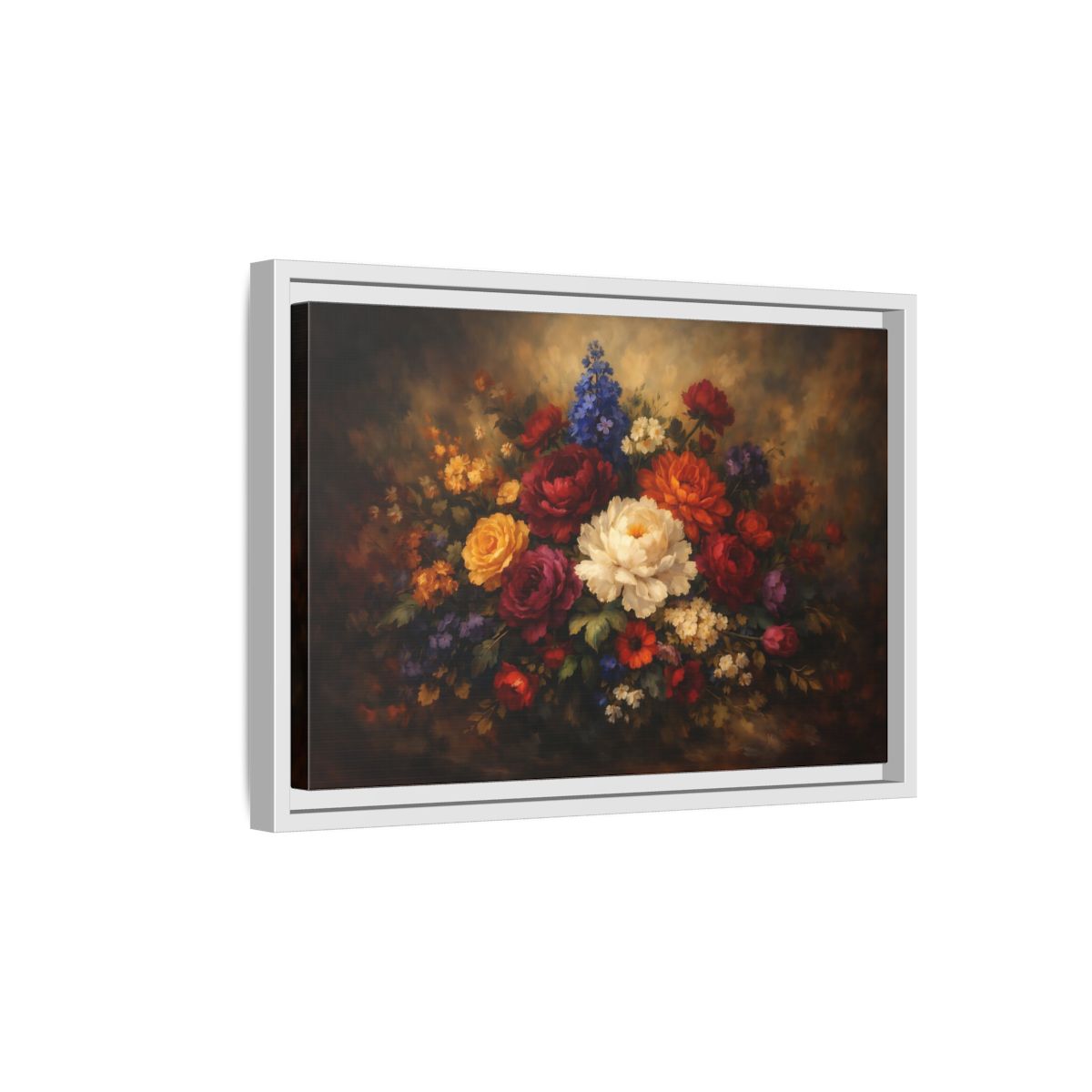 Side Mockup 4. Floral Mixed Flowers Vibrant Floral shown as stretched canvas wall art