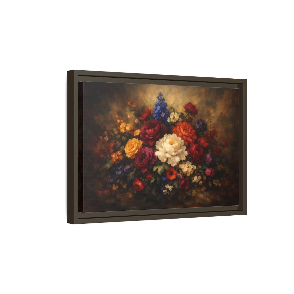 Side Mockup 5. Floral Mixed Flowers Vibrant Floral shown as stretched canvas wall art