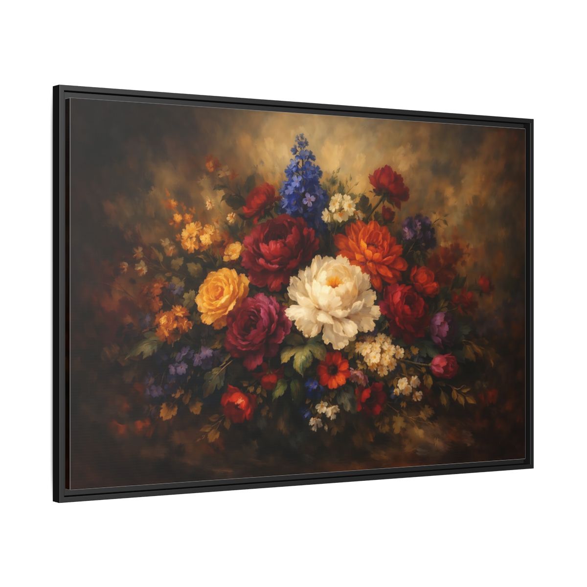 Side Mockup 12. Floral Mixed Flowers Vibrant Floral shown as stretched canvas wall art