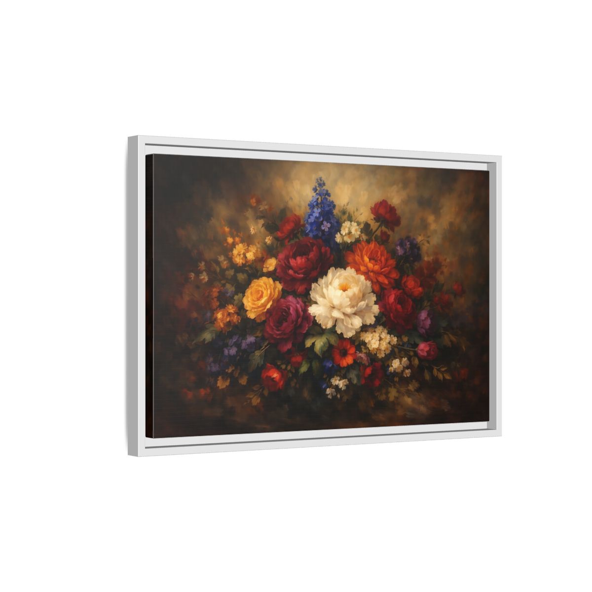 Side Mockup 1. Floral Mixed Flowers Vibrant Floral shown as stretched canvas wall art